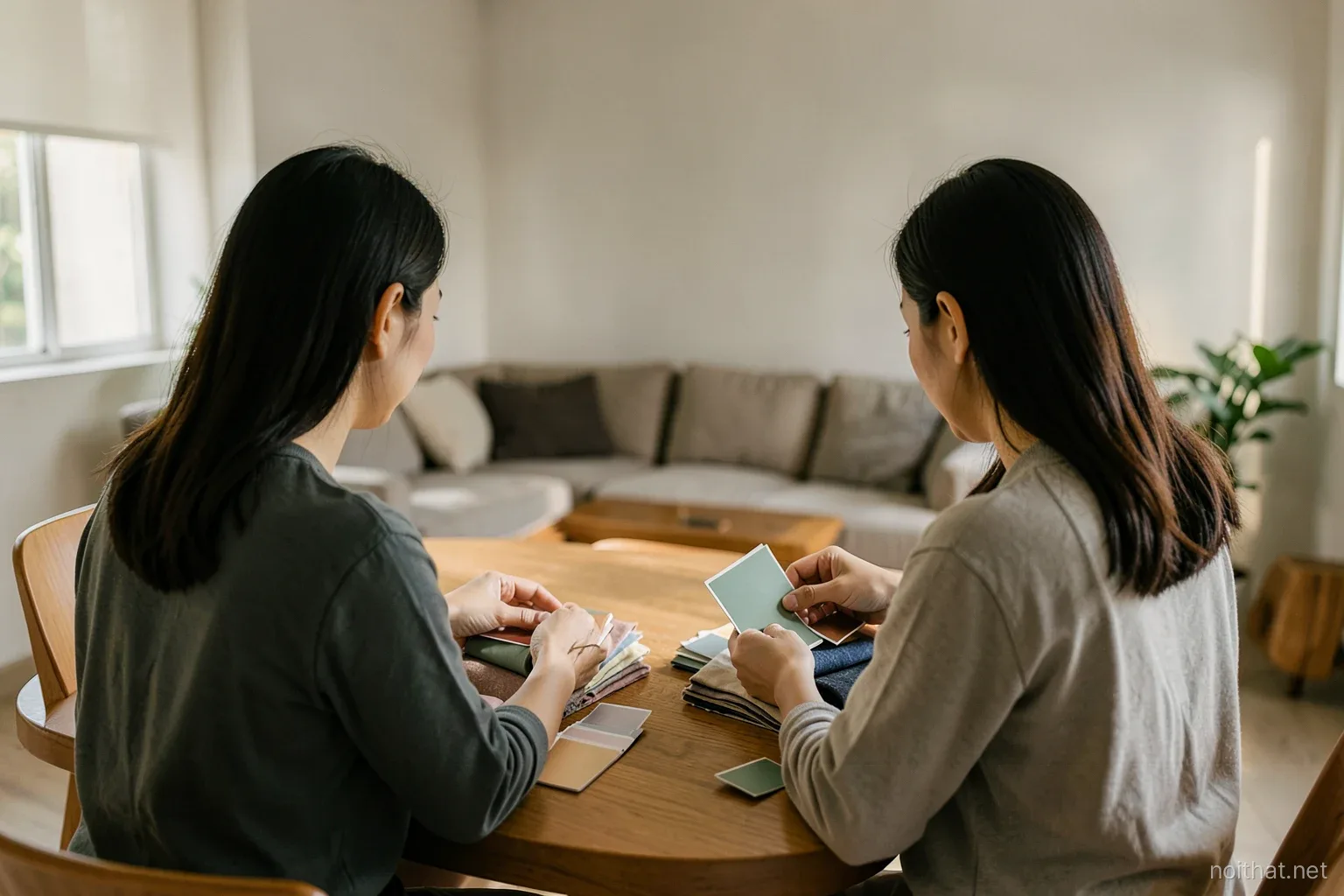 Vietnamese couple seen from behind at a dining table sorting paint swatches and fabric samples into two piles, half-renovated living room in background, soft afternoon light