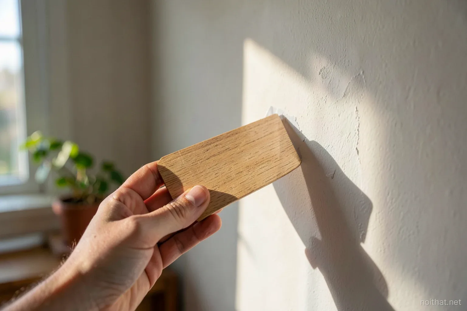 Hand holding a small oak laminate sample against a freshly painted test patch on a plain wall beside a window, raking afternoon sunlight, close-up with shallow depth of field