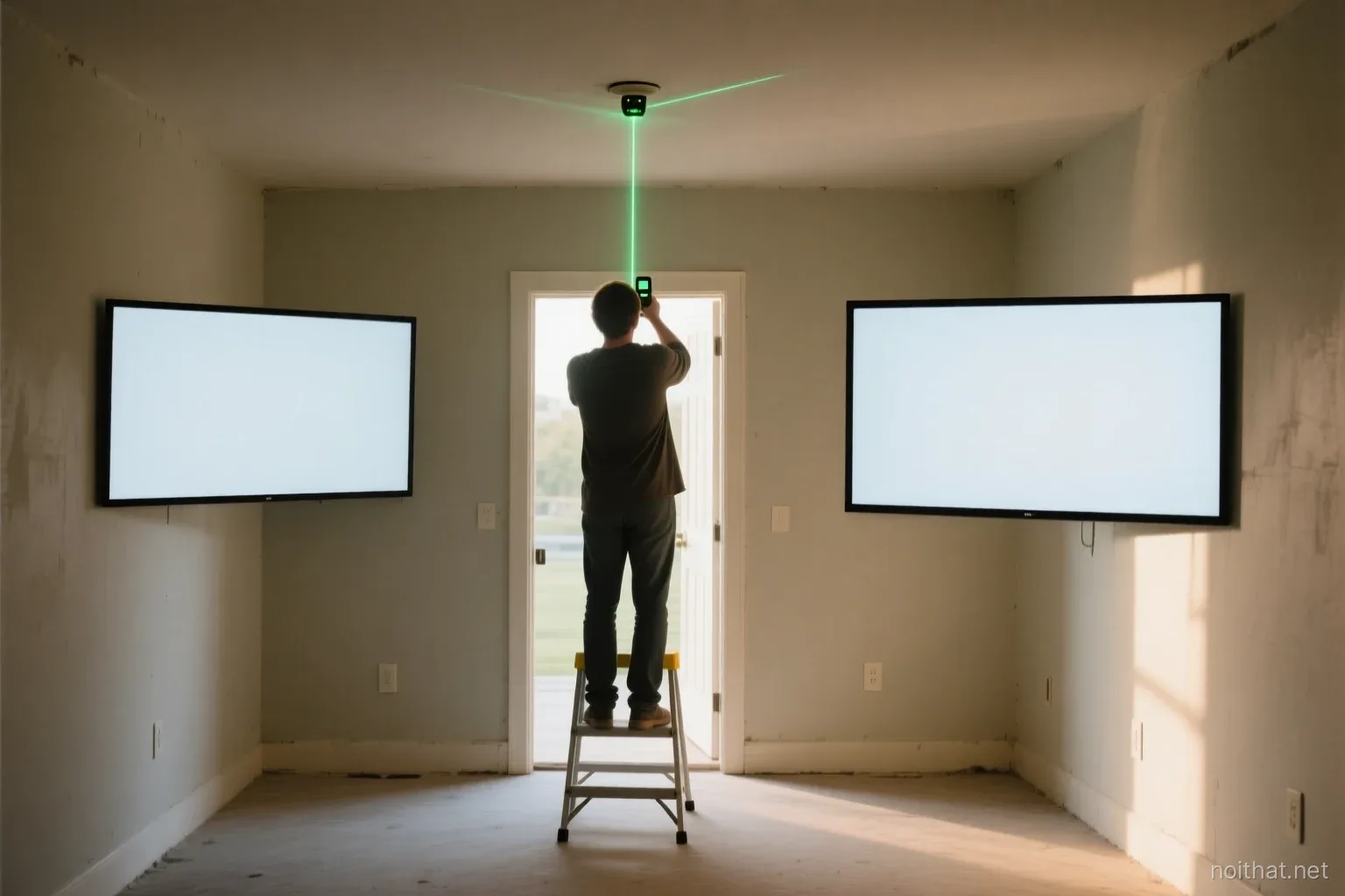 Person seen from behind standing on a short stepladder aiming a laser distance meter at the ceiling of an empty painted townhouse room, late afternoon light, wide shot from the doorway