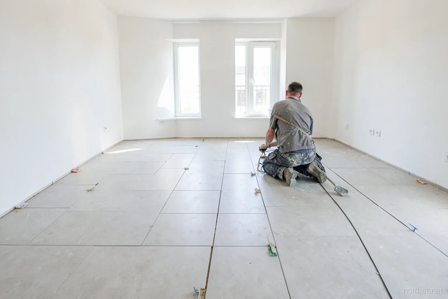 Wide view of an empty apartment living room floor being tiled with large pale grey porcelain slabs, leveling clips between tiles, a tiler kneeling seen from behind, bright daylight