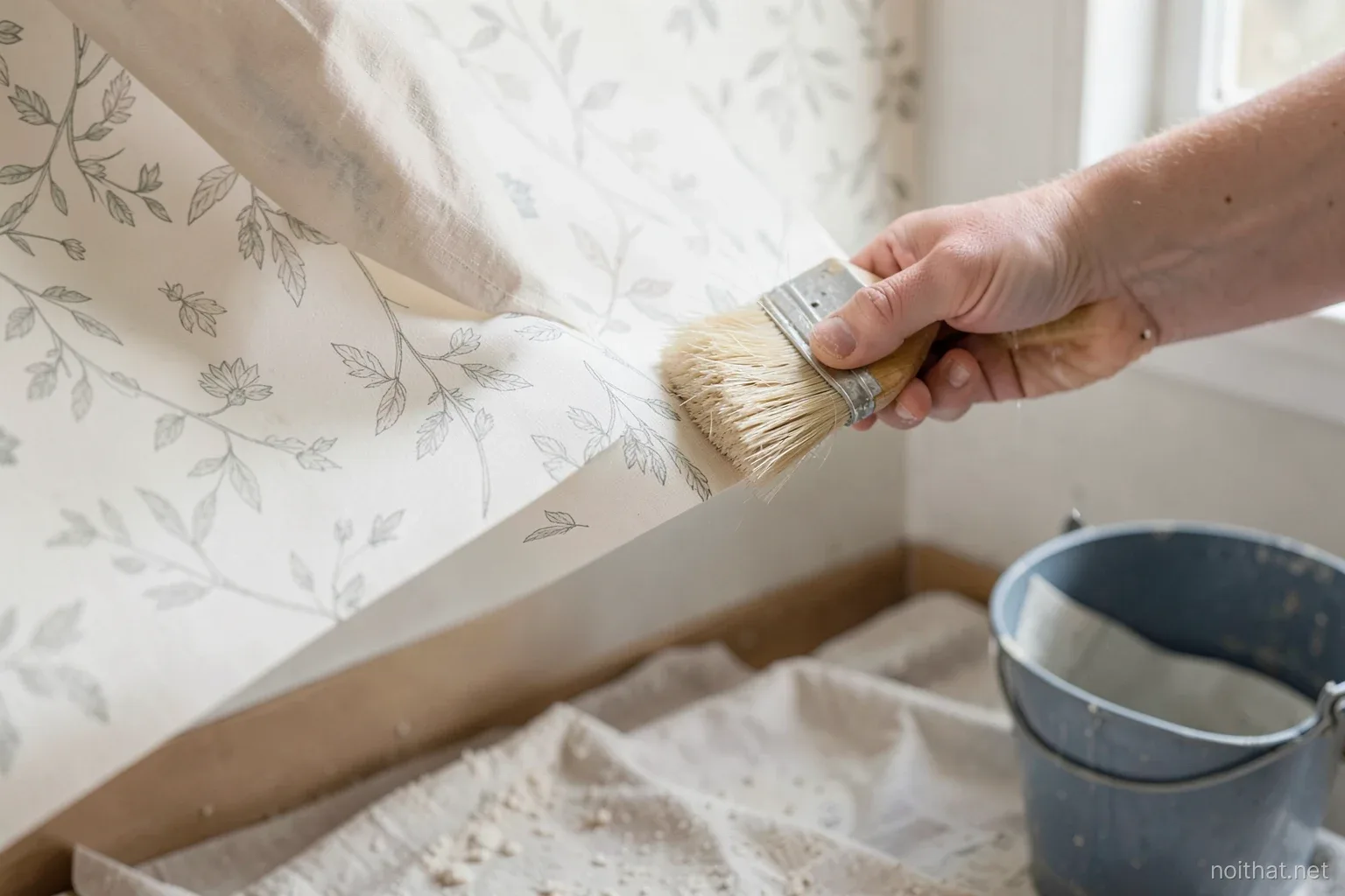 Close view of a hand smoothing a freshly hung wallpaper strip with a soft brush, the seam aligning a subtle botanical pattern, a roll and bucket on a dust sheet below, soft window light