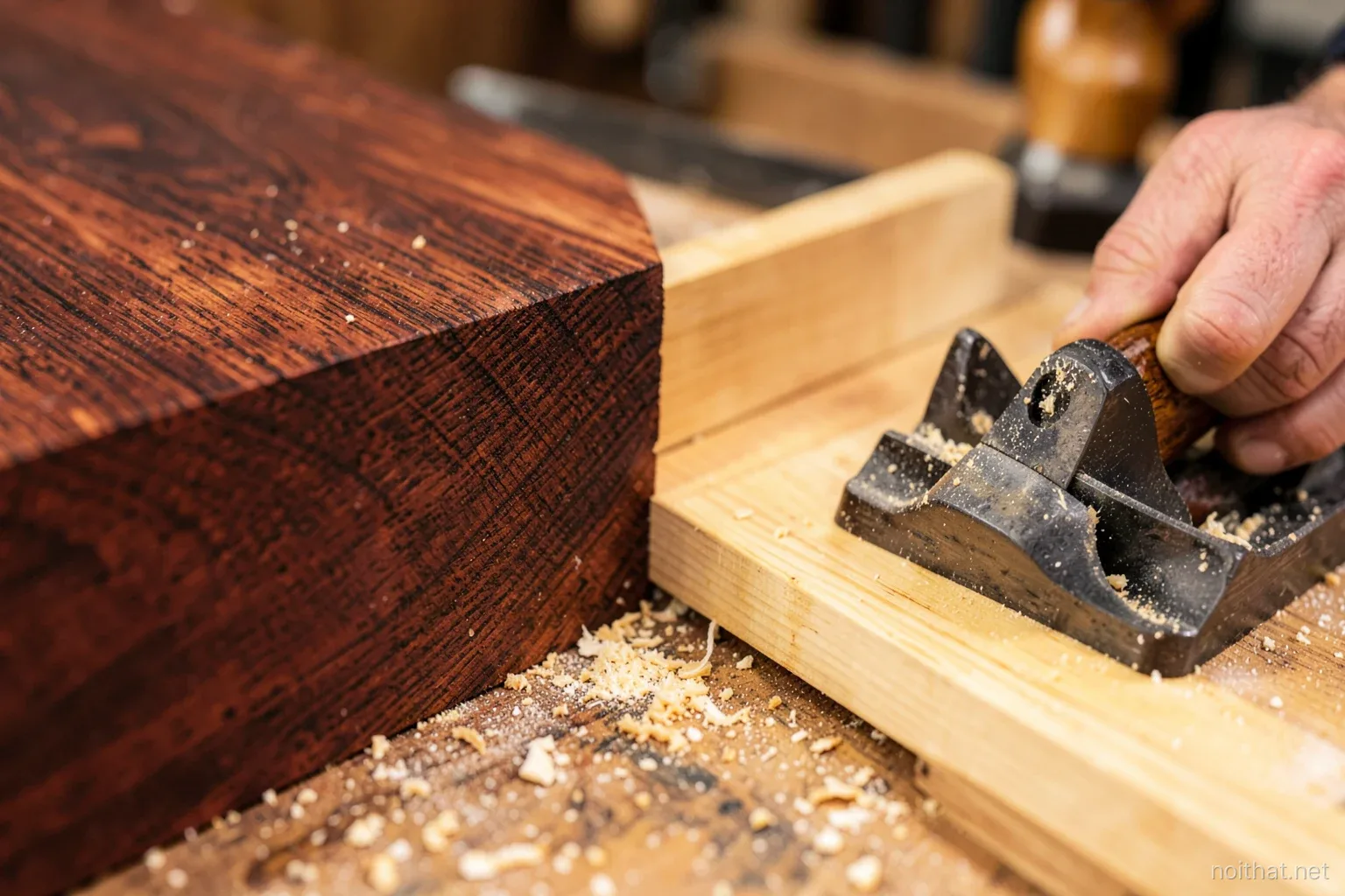 Close macro of a dark reddish heavy hardwood board end grain beside a lighter honey-colored plank, sawdust on a workbench, a carpenter hand holding a block plane, warm workshop light