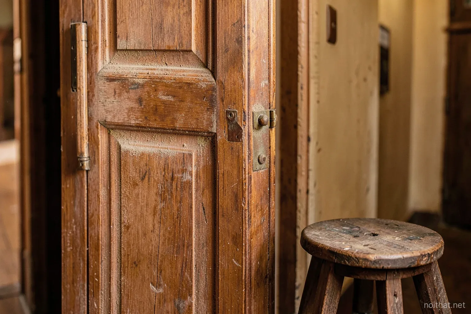Close view of an old wooden interior door in a Vietnamese townhouse, half sanded to bare wood, new lever handle and hinges laid on a stool beside it, warm hallway light