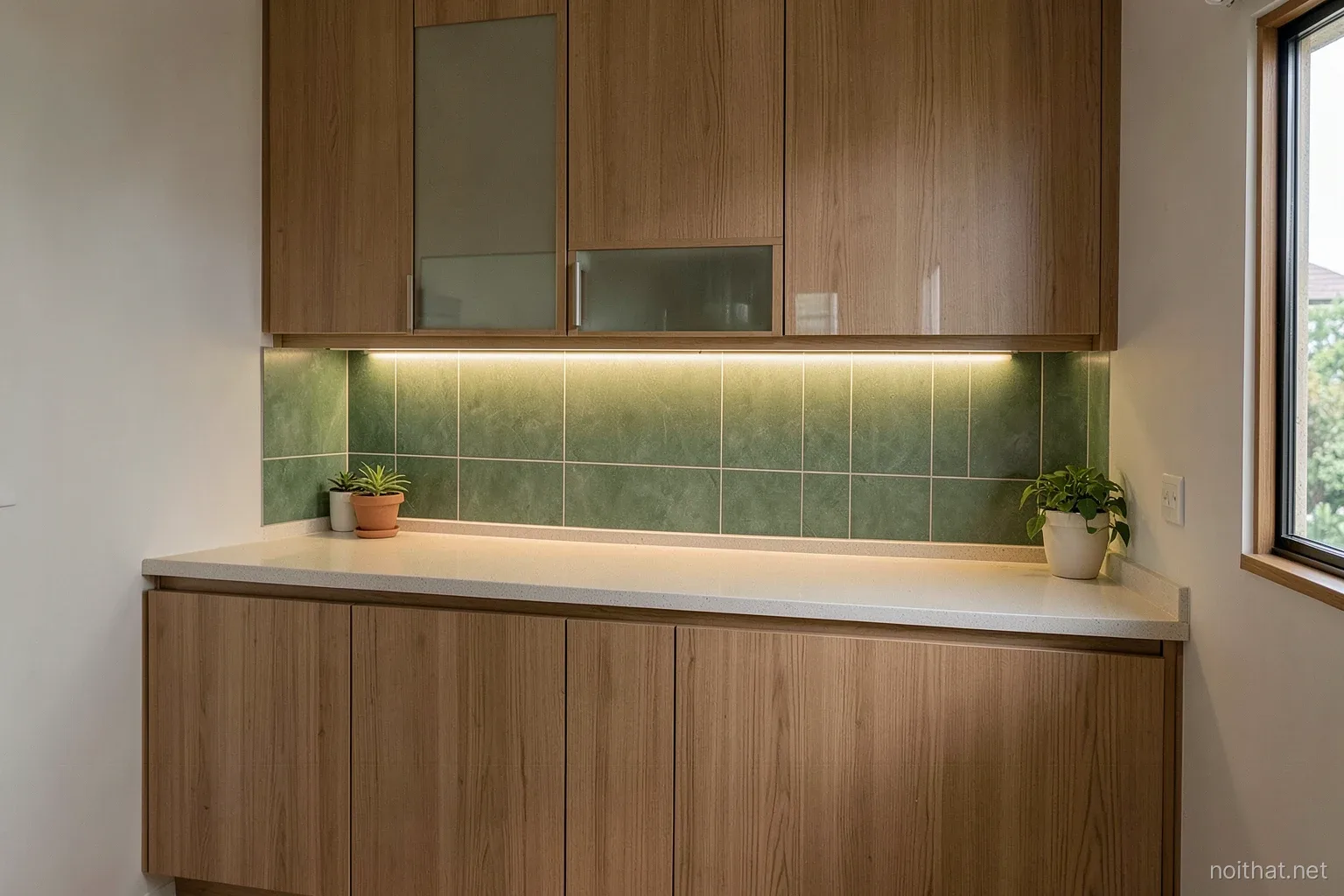 Older Vietnamese kitchen mid-refresh, new pale quartz-look countertop on existing wooden base cabinets, old green wall tiles half covered by new glass panel, under-cabinet light strip glowing