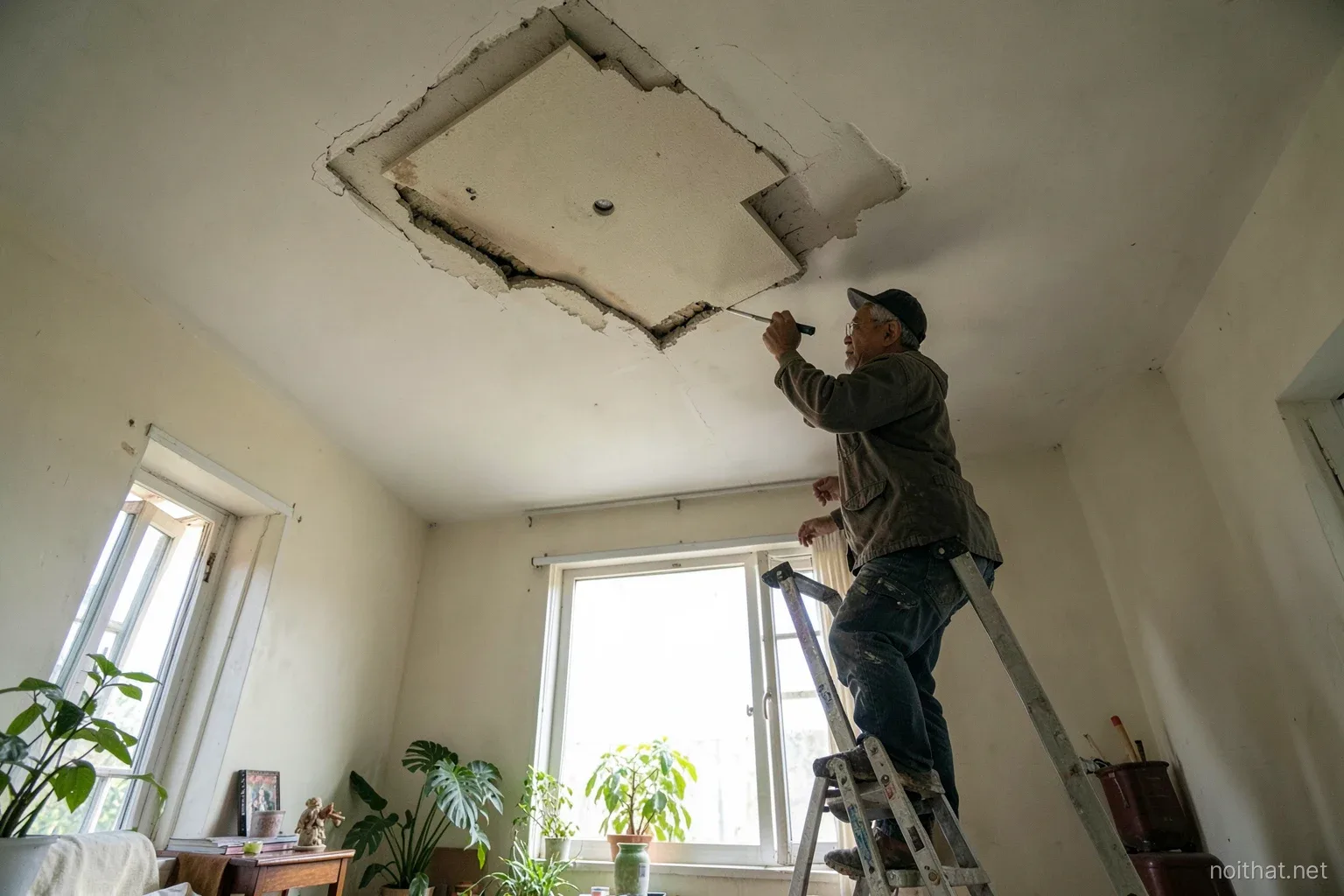 Low angle view of an older Vietnamese living room ceiling with a dated stepped plasterboard light box partly removed, worker on a stepladder patching seams, daylight from window