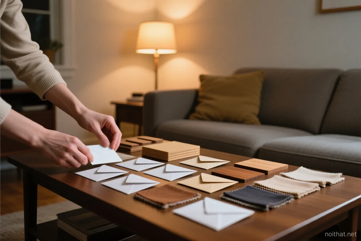 Hands arranging small plain paper envelopes and a few wood and fabric swatches into neat rows on a coffee table in a lived-in living room, warm evening lamp light, close-up