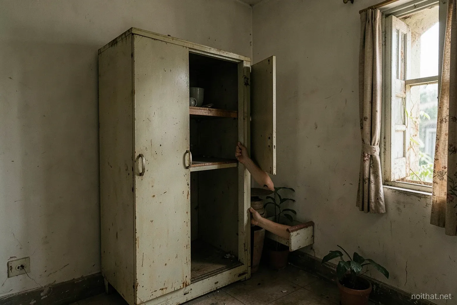 Empty older Vietnamese apartment bedroom with a dated built-in wardrobe, one door open showing shelves, new owner hand testing a drawer, afternoon light through old curtains
