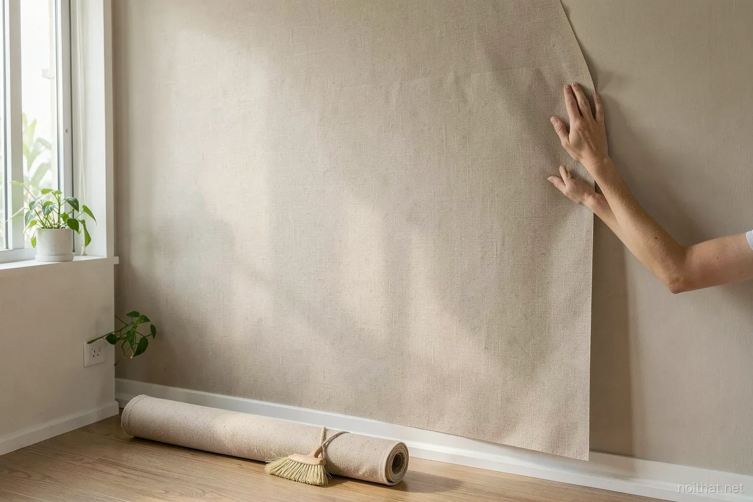 Hands pressing a large plain linen-texture wallpaper sheet onto a bedroom wall in a Vietnamese apartment, smoothing brush, roll on the floor, soft side light from window