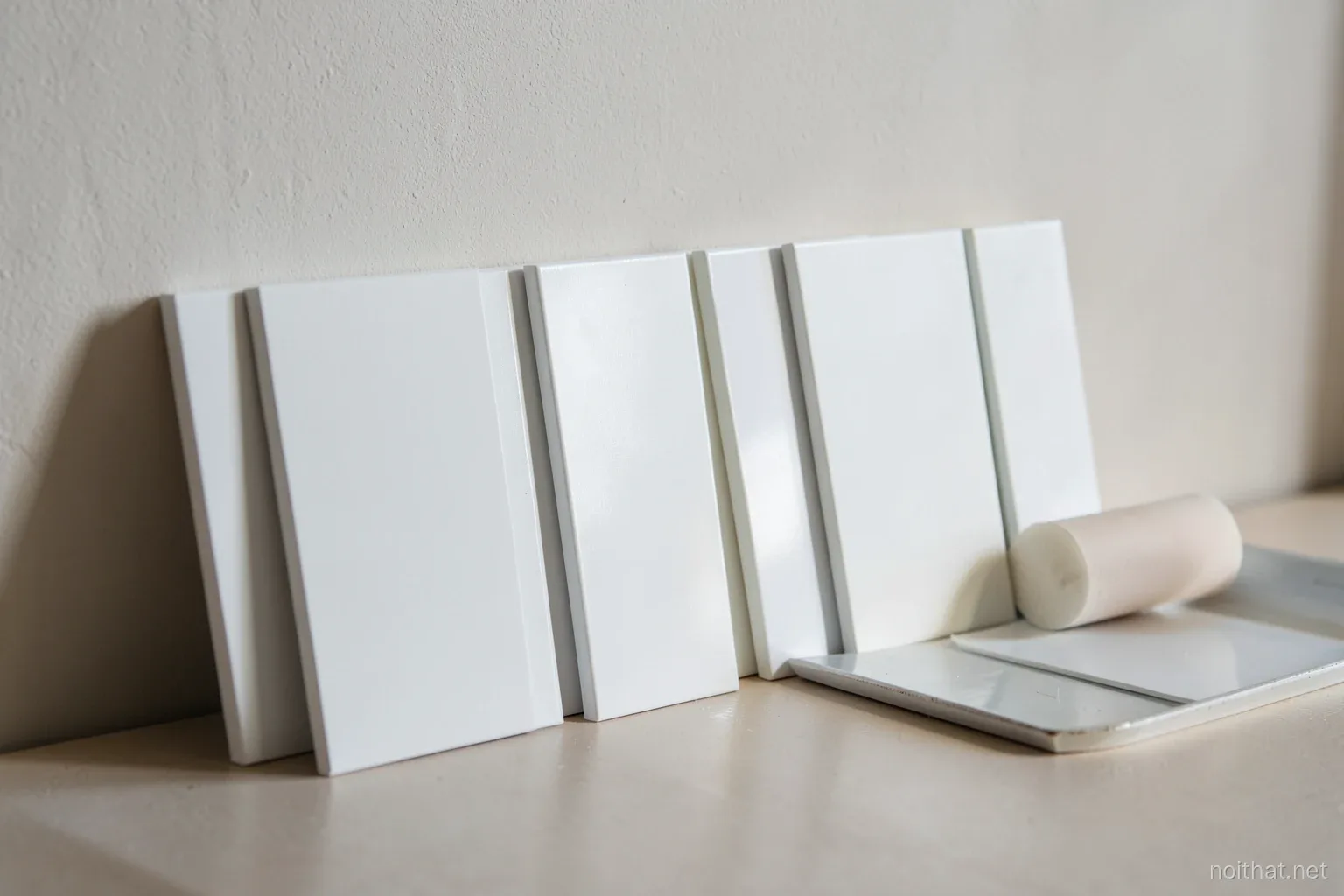 Row of small painted sample boards in matte, satin and gloss white leaning against a bare wall, a narrow roller resting on a tray, raking light revealing the different sheen
