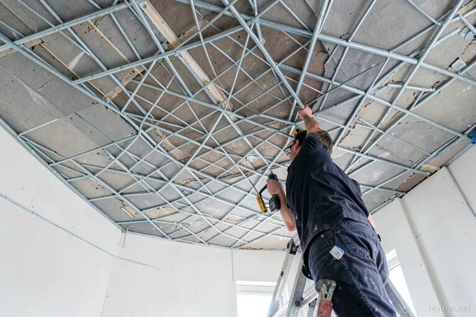 Low angle view of a ceiling under construction with galvanized steel grid and some grey gypsum boards fixed, a worker seen from behind on a stepladder holding a screw gun, daylight