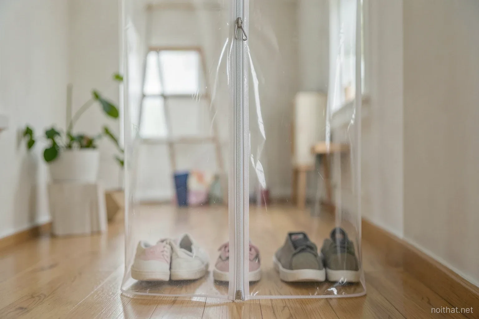 Clear plastic sheet with a zipper door sealing off a hallway in a lived-in apartment, a child shoes neatly placed on the clean side, ladder blurred beyond the sheet, soft daylight