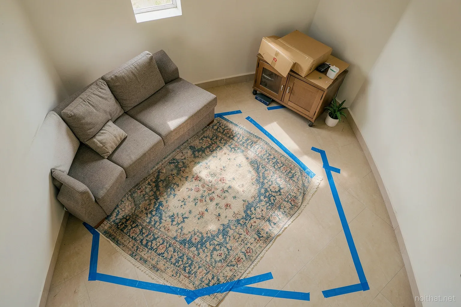 Top-down view of a bare Vietnamese apartment floor marked with blue painter tape rectangles for a sofa and rug, cardboard boxes stacked as a mock cabinet, morning light