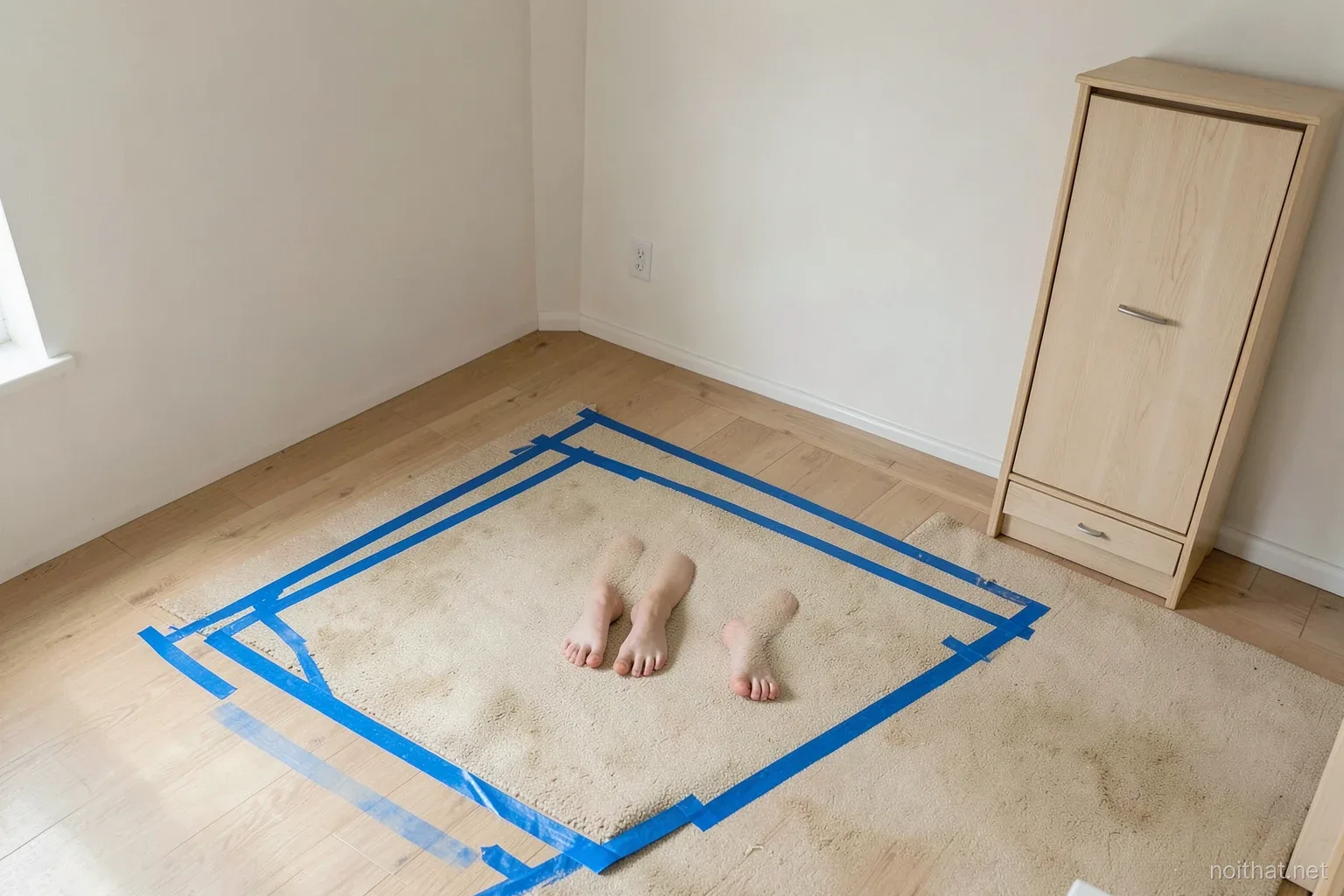 Blue painter tape outlining the footprint of a bed and a wardrobe on an empty bedroom floor, bare feet standing inside the outline, soft daylight, high angle view